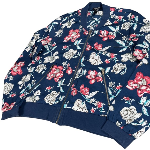 Indera size medium blue floral silky bomber jacket zip pockets thin material EUC - Picture 4 of 12